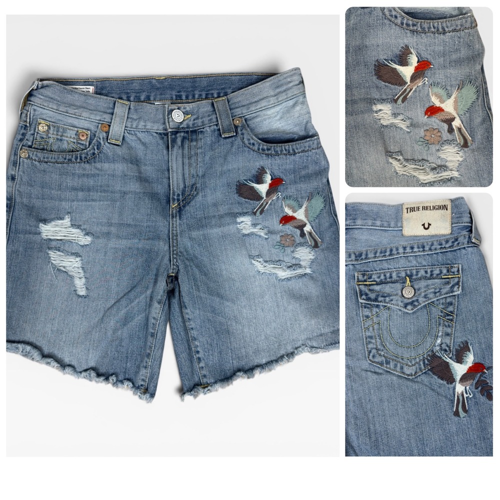 True Religion Jayde Shorts Womens 27 Blue Embroidered Birds Distressed Boho‎